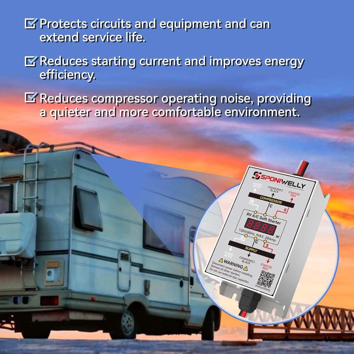 Soft Start Kit for Air Conditioner, Display Real-time Power, Easily Start an AC and other Appliances on RV Power, for RV, Van, Camper Air Conditioner, Include RV AC Soft Start Kit, RV30A