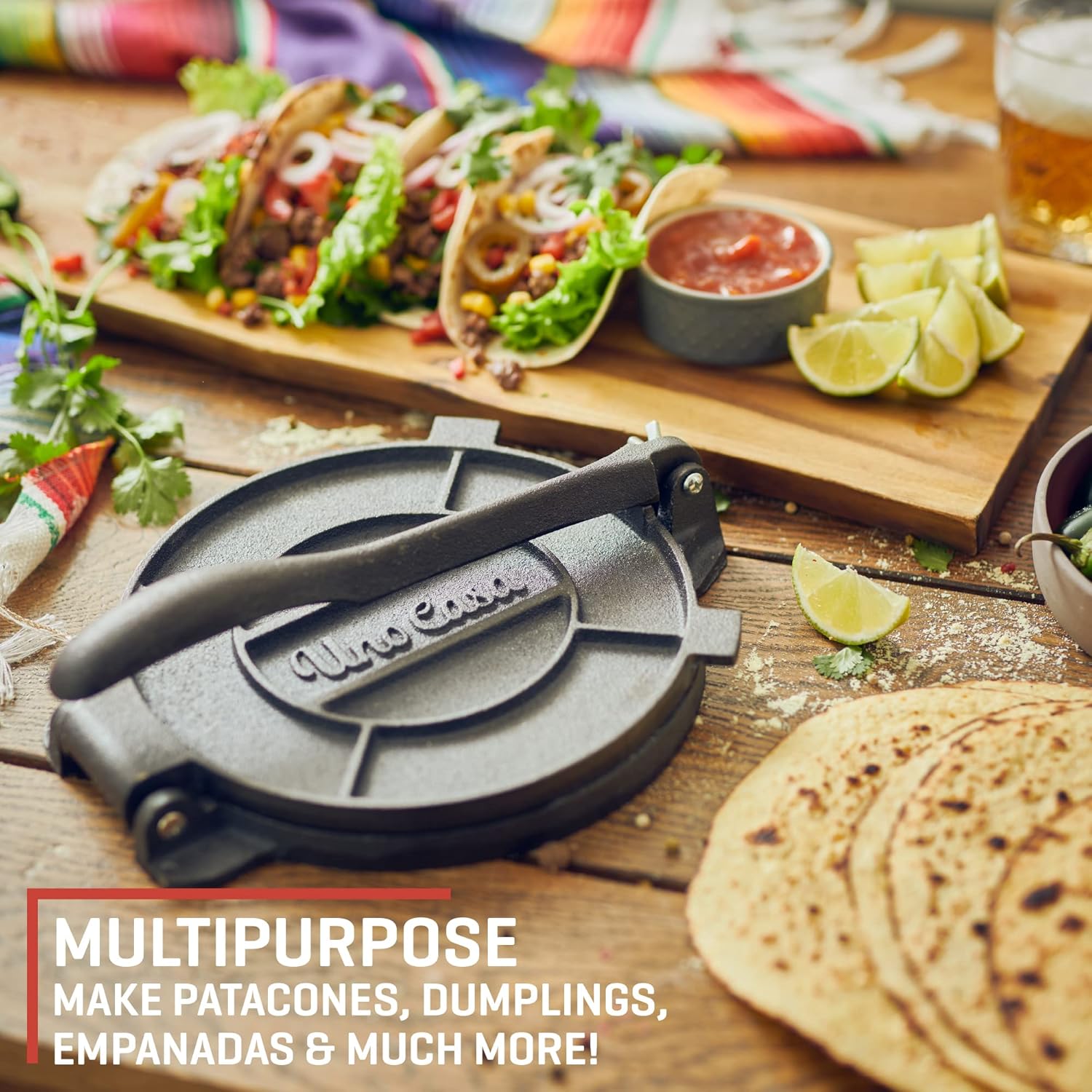 Uno Casa Cast Iron Tortilla Press 8 Inch with Cast Iron Comal Pan - Bundle of Tortilla Pan for Roti, Tawa, Dosa and Pre-Seasoned Tortilla Press Pataconera
