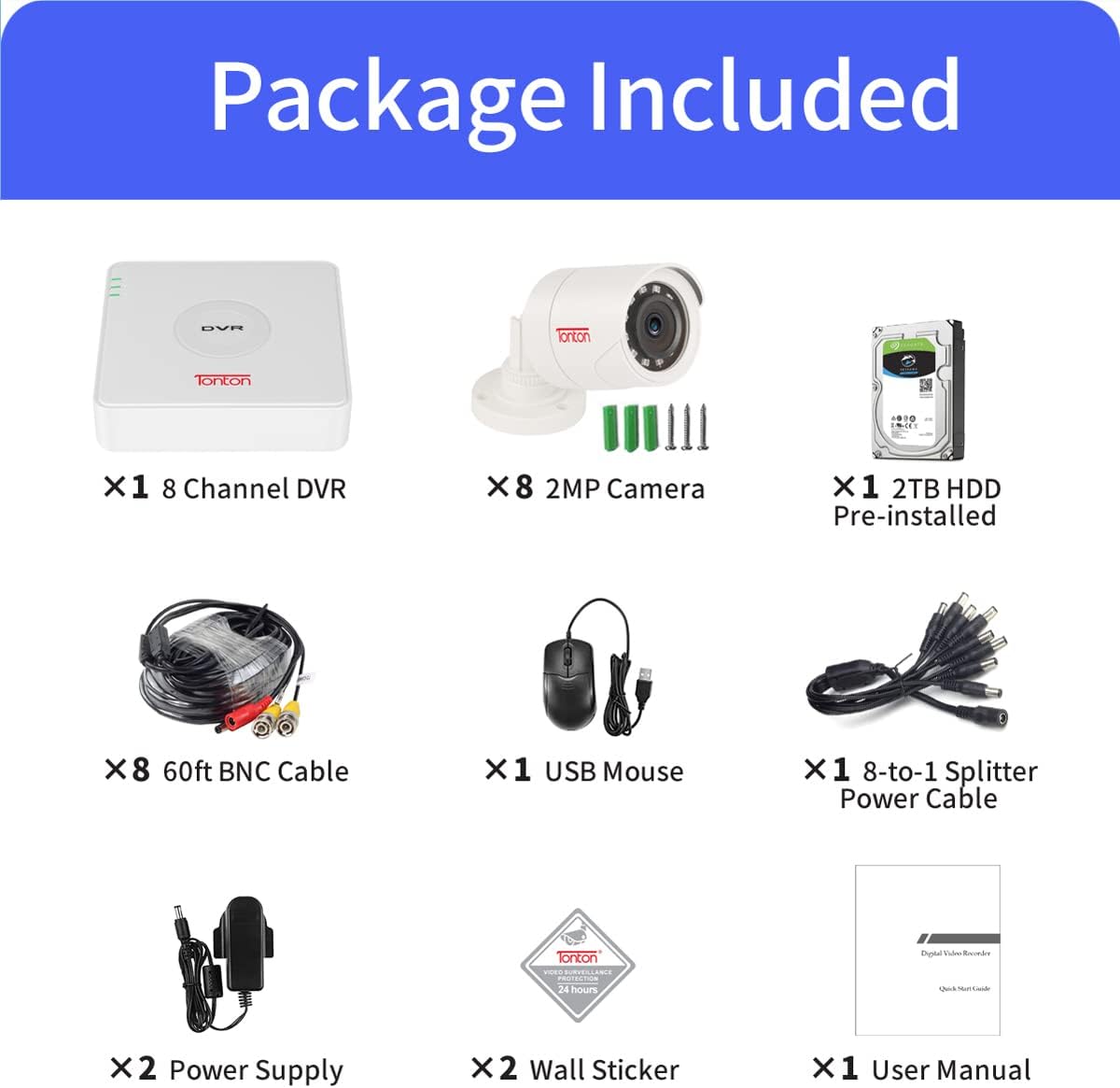 Tonton 5MP Lite 8 Channel Security Camera System,8CH H.265+ Hybrid DVR with 2TB HDD and 8PCS 2.0MP Weatherproof CCTV Bullet Cameras,Easy Remote Viewing,Motion Detection,Powered by Hikvision