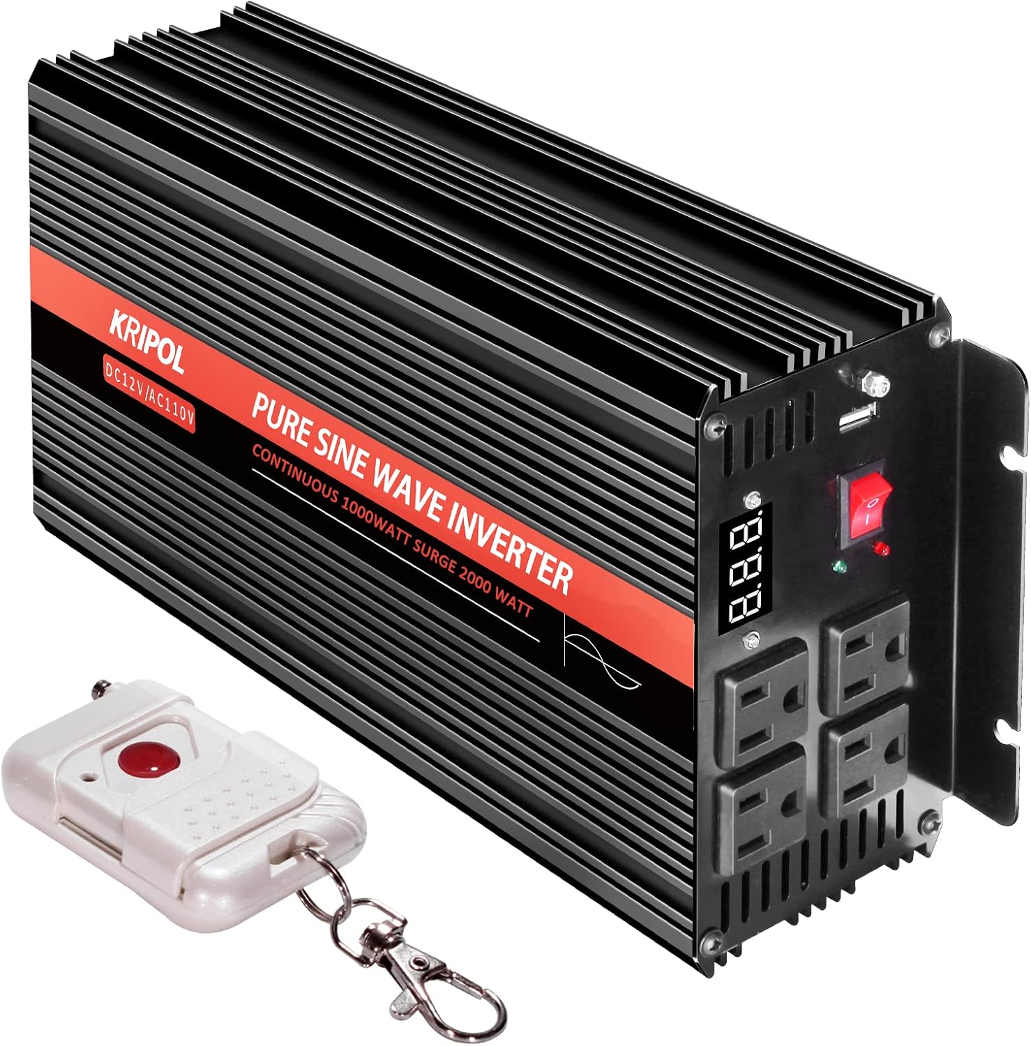 2000 Watt Pure Sine Wave Inverter 24V DC to 110v/120v AC 60HZ, Car Power Inverter with 4 AC Outlets&1 USB Output 50M Wireless Remote Control for Truck/RV/CPAP-Peak 4000 Watt (2000W-24V)