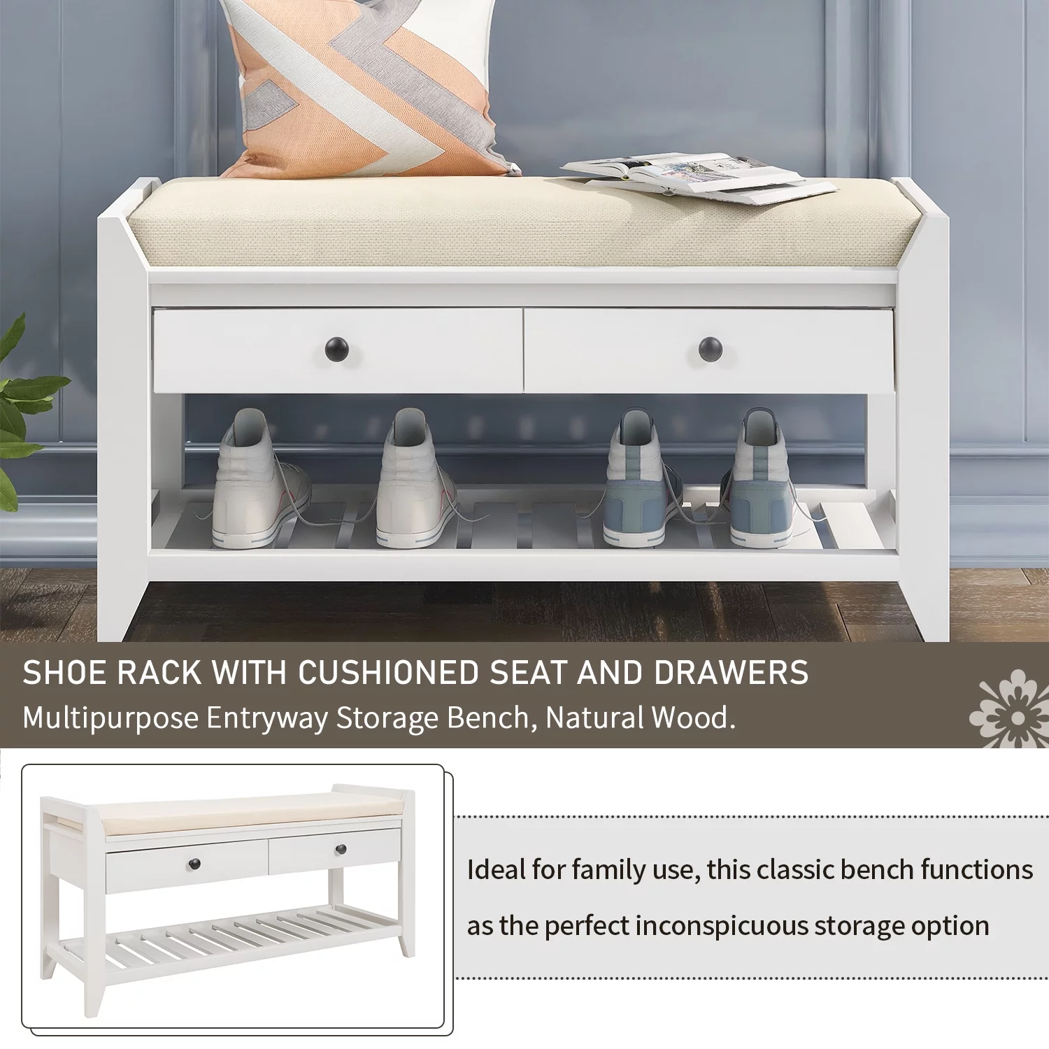 Shoe Rack with Cushioned Seat and Drawers, Multipurpose Entryway Storage Bench,White