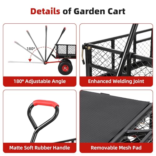 880 lbs 10" Tires Steel Garden Cart with 180° Rotating Handle and Removable Sides, Heavy Duty Utility Garden Carts and Wagons, Heavy Duty Yard Dump Wagon Utility Wagon with Removable Sides