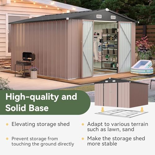 Aoxun 10 x 12FT Outdoor Storage Shed with Double Hinged Large Door Utility Garden Shed with Lockable Door & Sloped Roof Metal Sheds Outdoor Storage for Garden, Backyard, Patio and Backyard, Brown