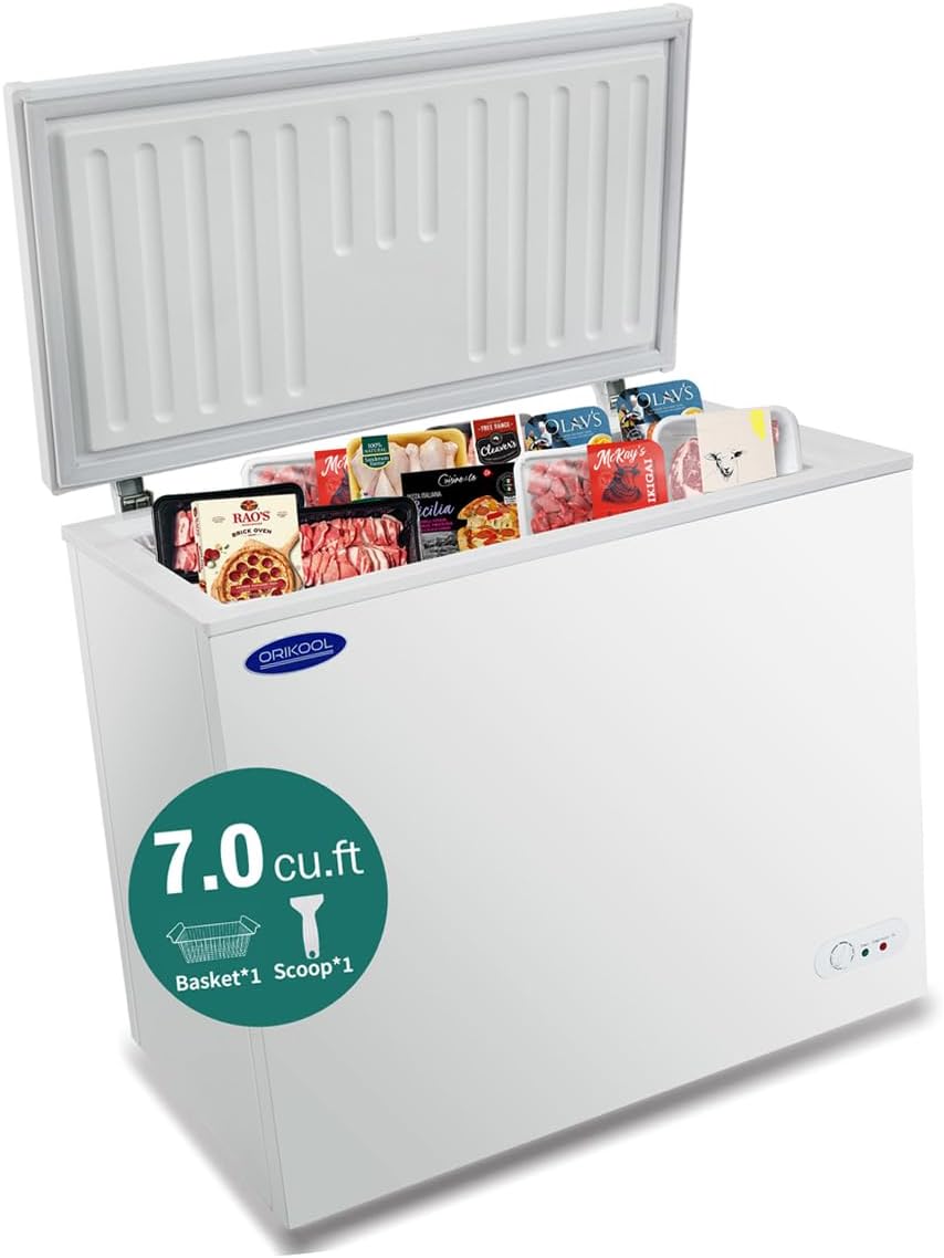 Chest Freezer 7.0 Cu.ft Solid Top Commercial Deep Chest Freezers with Lockable Stay-Open Lid and Convenient Pulley, Perfect for Kitchen Parlor, Small Freezer With Low Noise & Energy Saving