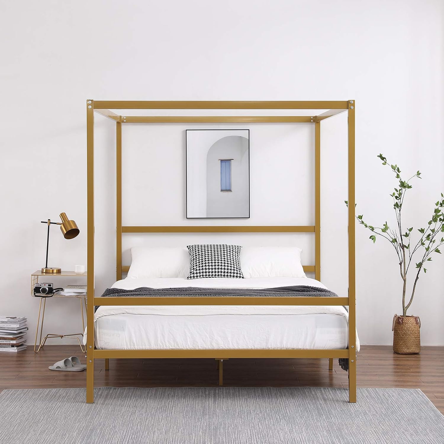 VINGLI Gold Canopy Bed Frame Full Size with Headboard,Gold Bed Full Bohemian Bed Frame,4 Poster Bed with 11 Inch Underbed Storage