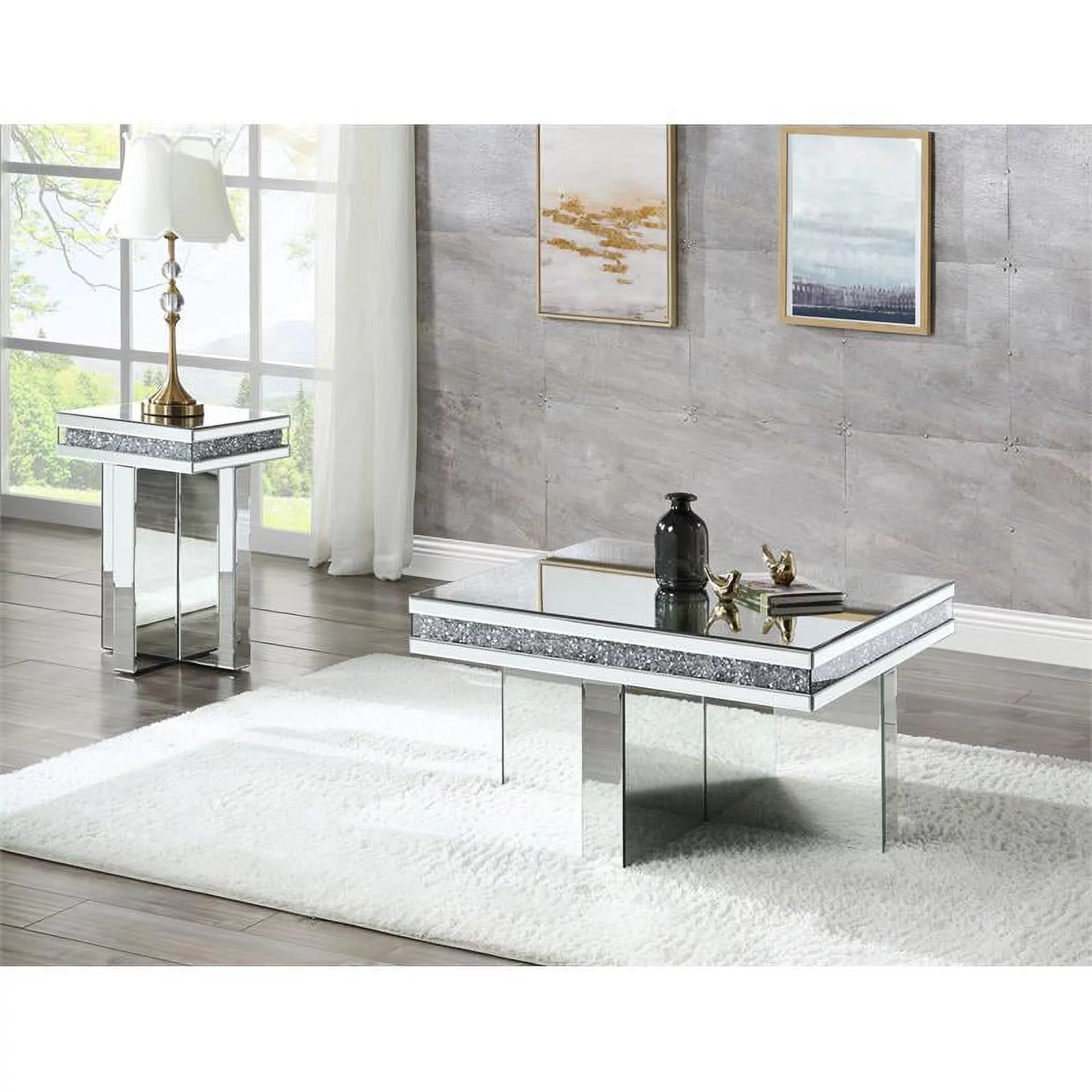 ACME Furniture Noralie Square Glass Coffee Table in Mirrored and Faux Diamonds