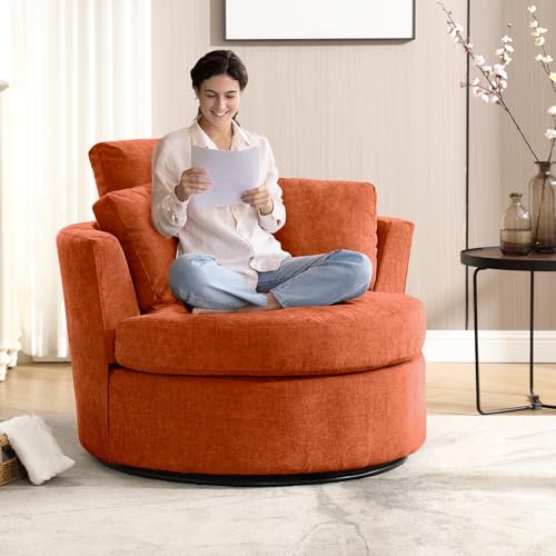 Chair and A Half with Ottoman, 360° Swivel Accent Barrel Chair Modern Comfy Round Reading Sofa Swivel Chairs Circle Lounge Chair for Bedroom Living Room w/4 Pillow Lower Seating Heigh (White, Large)