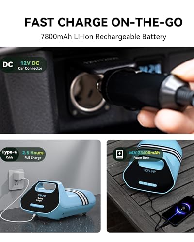 TOPUMP 7800mAh Rechargable SUP Air Pump TPS300,20PSI Electric Paddle Board Pump with Auto-Off Feature, Dual Stage Inflation & Deflation, AC/DC Battery for SUP, Inflatable Tent, Boat, Kayak