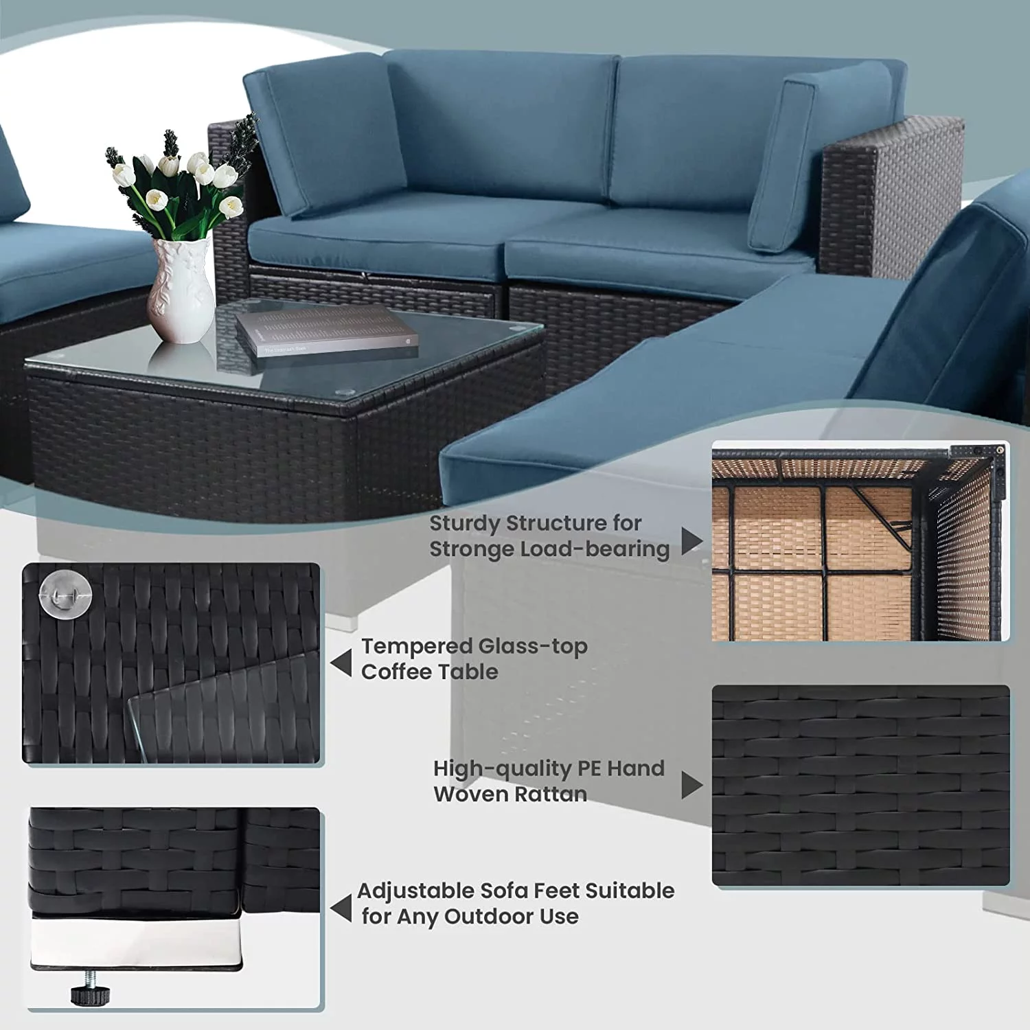 SUNCROWN 7-Pieces Outdoor Sectional Sofa Set Wicker Patio Furniture Conversation Set with Haze Blue Cushions