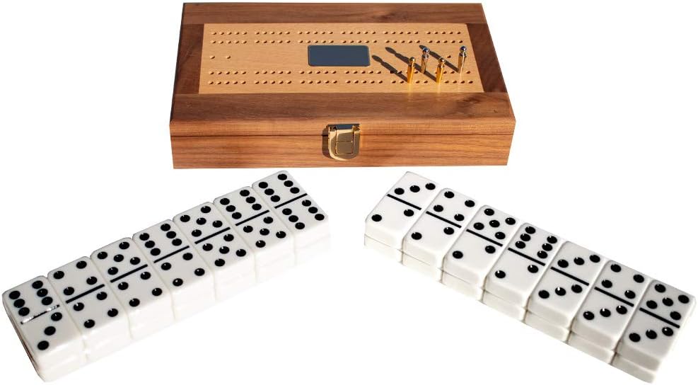 Club Alex Luxury Domino Set with Handcrafted Walnut-Framed Beechwood Case & Cribbage / Counter Top - Tournament Quality 28 Double-Six Dominoes (Domino Set with Personalized Brass Plate)