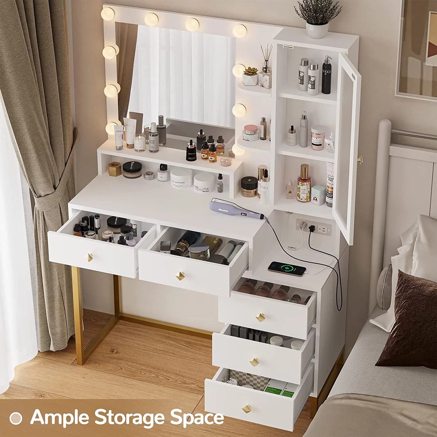 Makeup Vanity with Lights, Vanity Table with Charging Station，Mirror,Makeup Table with with 5 Drawers and Storage Shelves, White