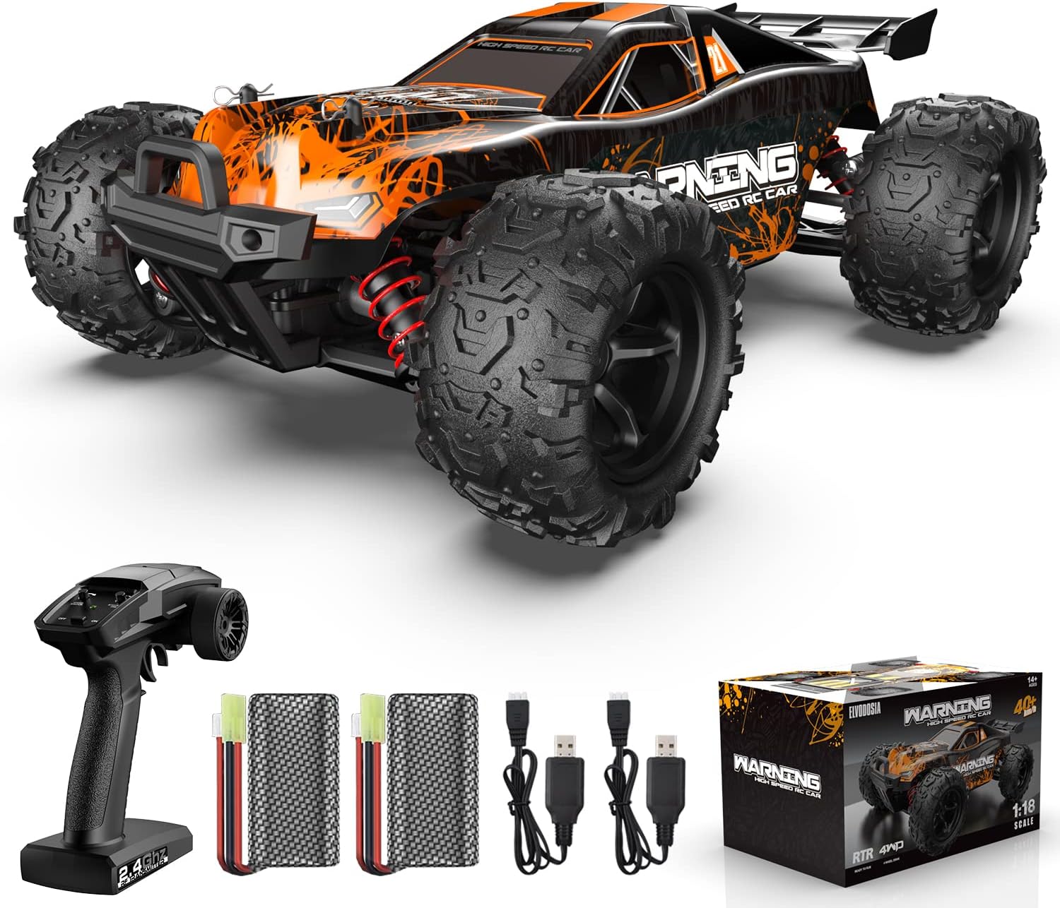 ELVODOSIA High-Speed 1:18 Scale RC Cars, 40 KM/H All-Terrain Remote Control Car for Adults Kids, 4x4 Off-Road Waterproof RC Truck, Two Rechargeable Batteries for 40+ MINS
