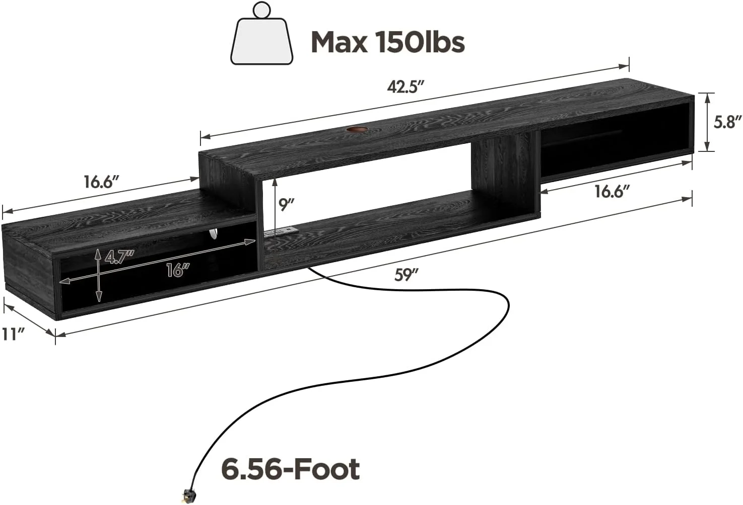 Floating TV Stand Wall Mounted with Power Outlet 59", Floating Entertainment Center, Wood Media Console Shelf for Under TV Storage for Living Room Bedroom Office, Black