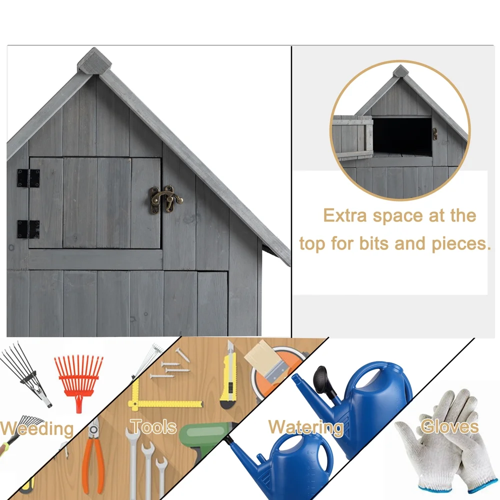 Outdoor Storage Cabinet, Garden Wood Tool Shed, Outside Wooden Shed Closet with Shelves and Latch for Yard, Patio, Deck and Porch, Wooden Garden Shed Gray