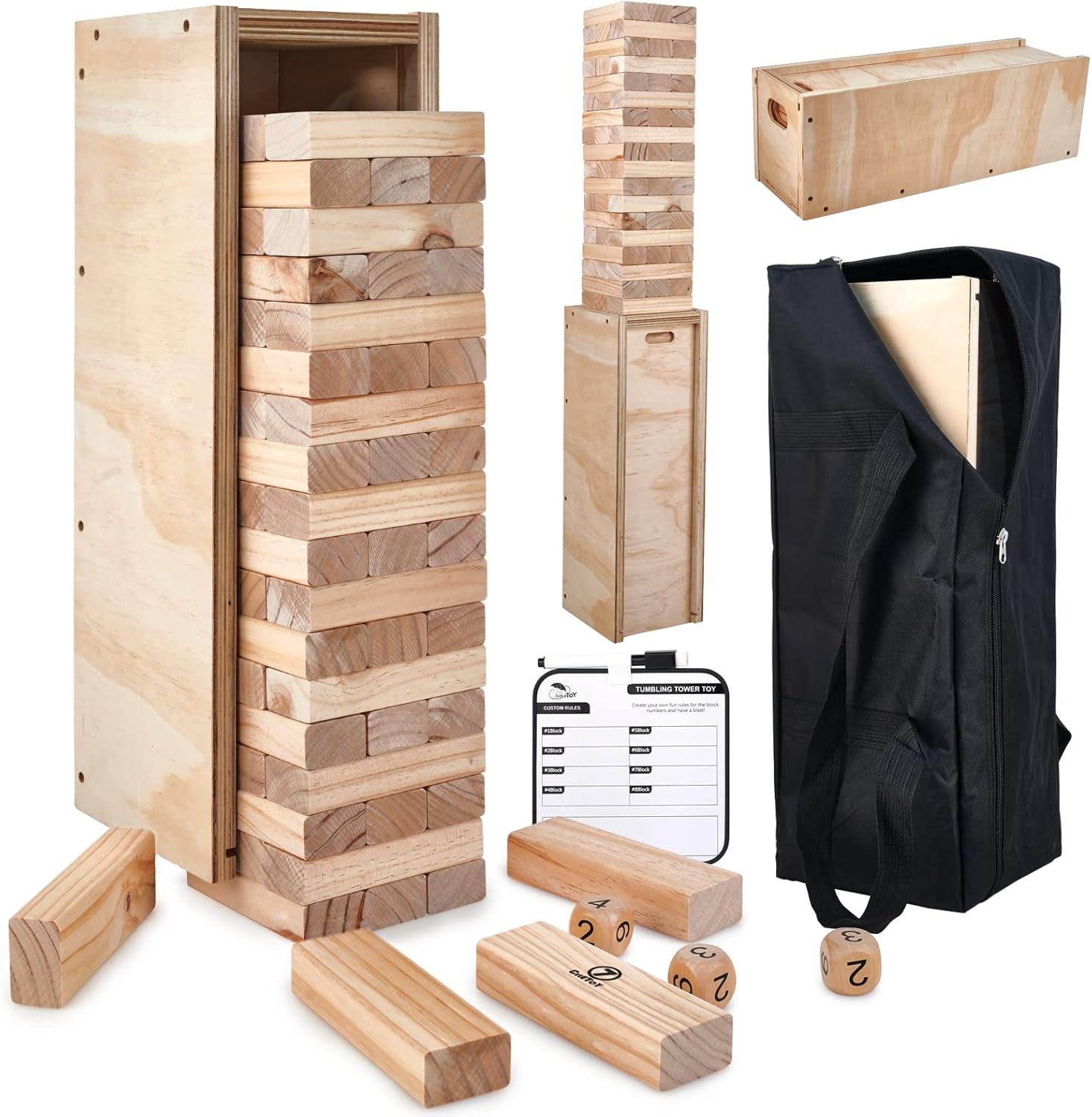 CELETOY Giant Stacking Game, Quick Set-up & Quick Storage Block Wooden Tower Game Set with Carrying Bag and Tumble Tower Box for Kids, Adults and Family, Lawn Games Backyard Outdoor