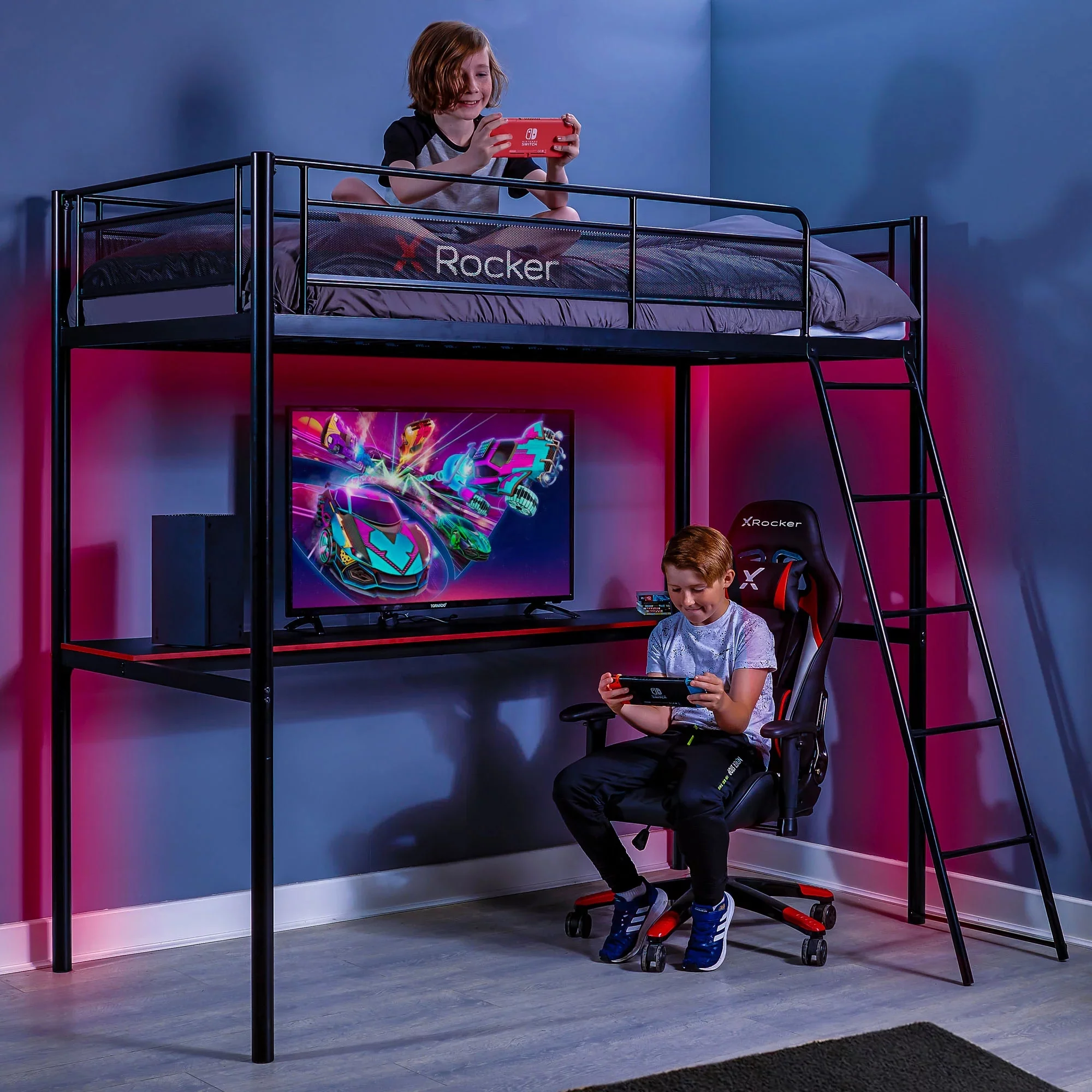 X Rocker HQ Gaming Bunk Bed with Built-In Shelving, Black, Twin