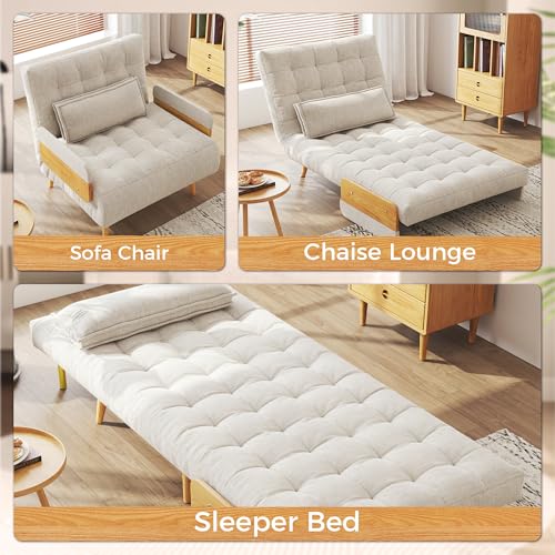 3-in-1 Convertible Chair Bed Sleeper for Adults, Linen Convertable Sleeper Chair with Wooden Arms & Pillows, Foldable Single Futon Sofa Bed (Mid Century with Walnut Arm, 36.6" Wide)
