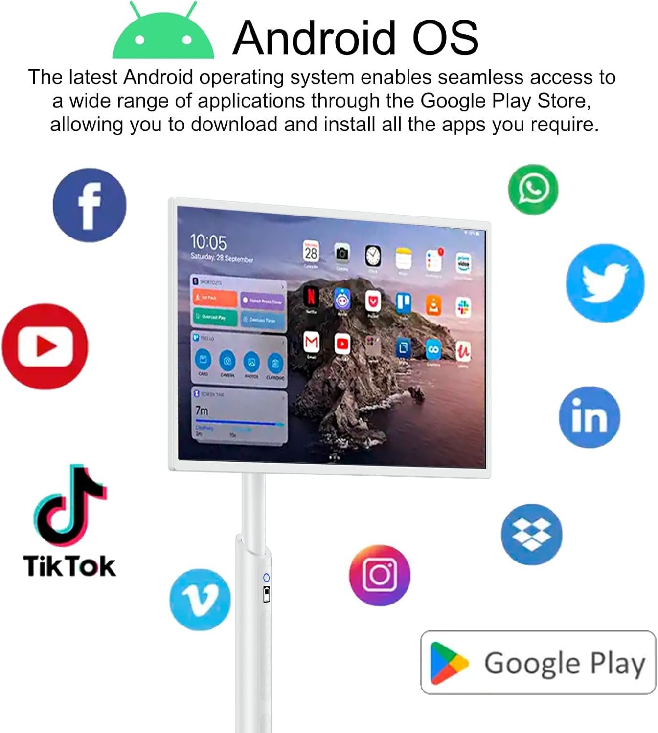 Portable Smart Screen, 32-Inch 1080p Portable Monitor with Rotatable Touch Screen, Android OS(Support Google Store), Built-in Battery, Full Swivel Rotation, Remote Control