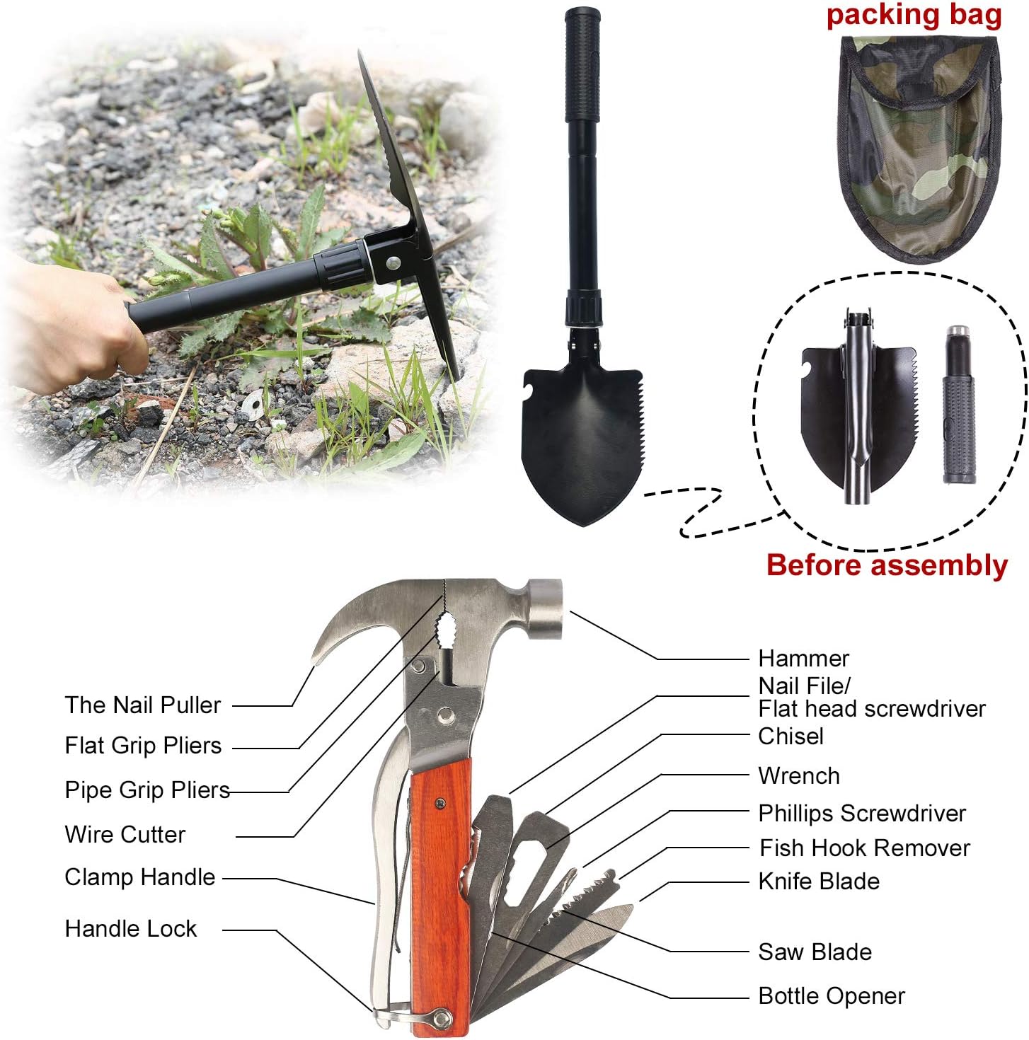 AUTODECO Car Roadside Emergency Kit - 118-Piece Premium Heavy Duty Car Roadside Emergency Kit - Jumper Cables Portable Air Compressor Tow Strap Multifunctional Hammer Shovel, etc.