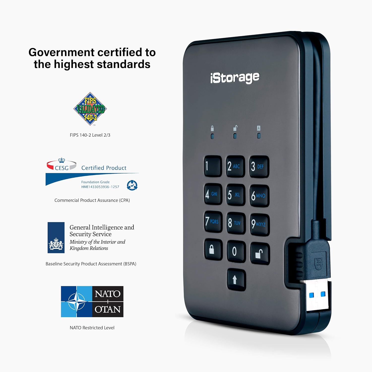 iStorage diskAshur PRO2 SSD 1TB Secure solid state drive - FIPS Level 3 certified - Password protected, dust and water resistant, military grade hardware encryption IS-DAP2-256-SSD-1000-C-X