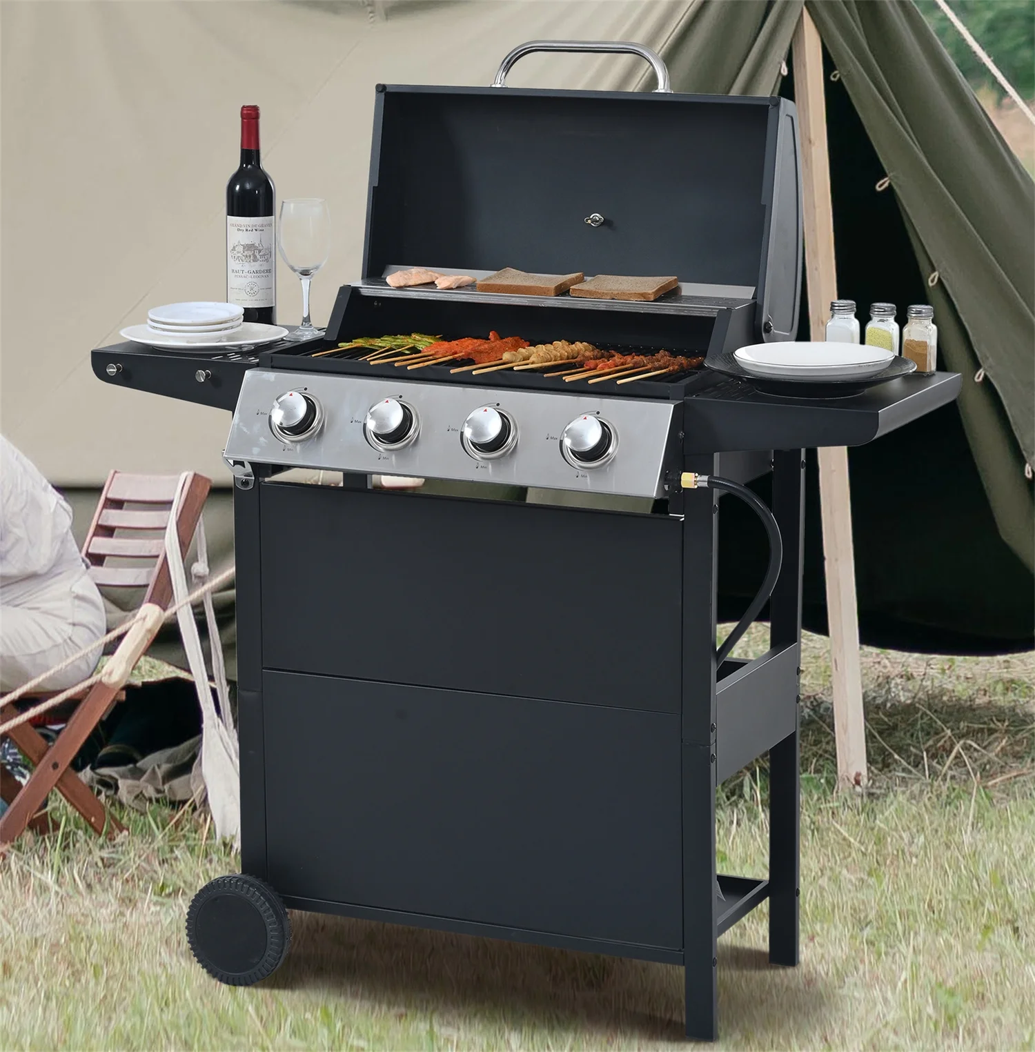 Highsound 3 Burner BBQ Propane Gas Grill with Side Burner, Stainless Steel 37,150 BTU Patio Garden Barbecue Grill with Thermometer, Black