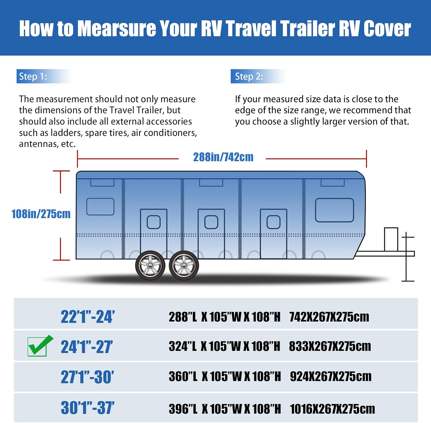 RV Cover, NUNFLOC Travel Trailer Cover 6 Layers Top Panel Upgraded Fabric, Windproof Camper Cover, RV Trailer, Anti-Scratch, UV Resistant Prevents Top Tearing Caused by Sun Exposure (27'1''-30')