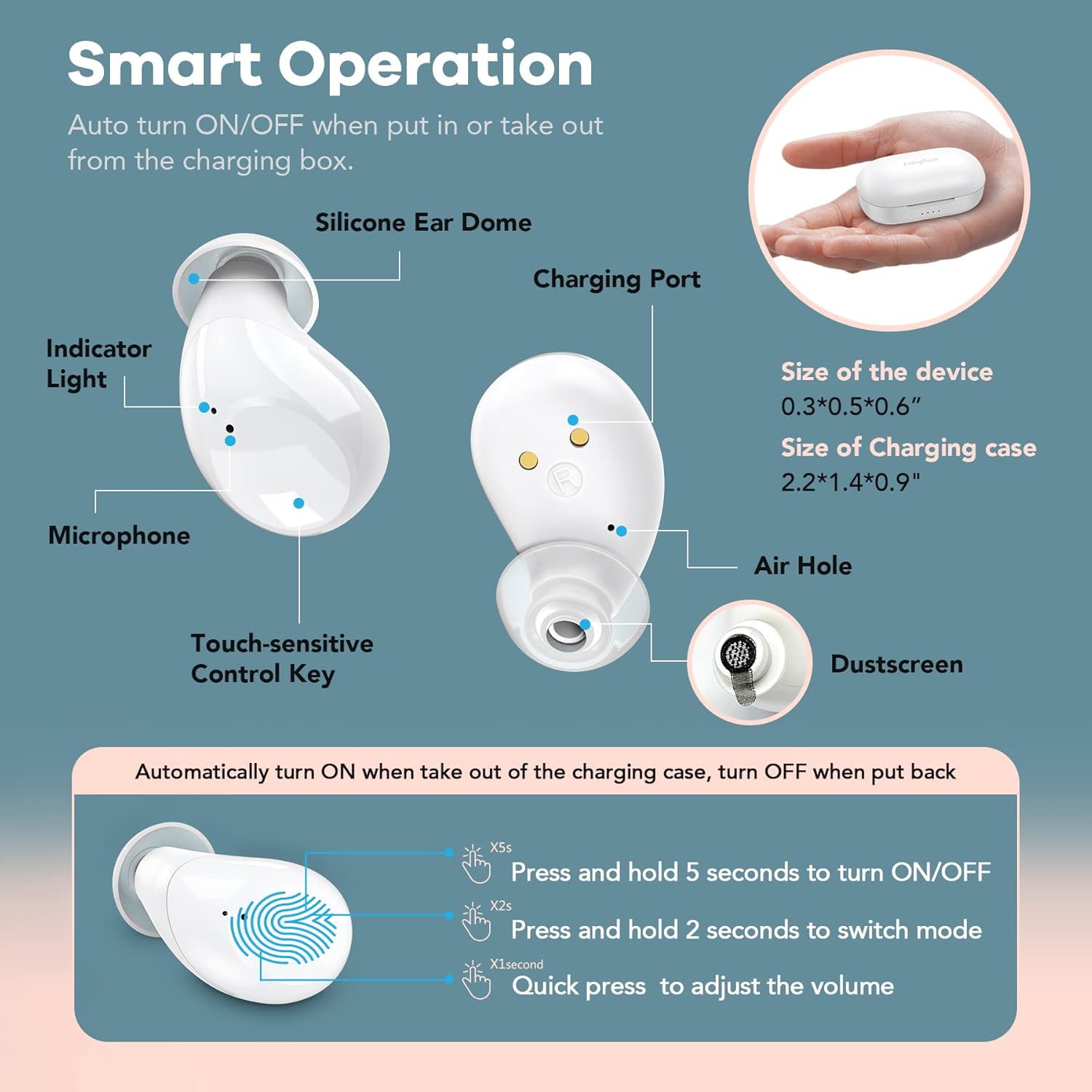 Autiphon Rechargeable Hearing Aids for Seniors Adults with Noise Cancelling, 8-channel Digital Hearing Amplifiers, with Tinnitus Masking Mode, Pair, AT108