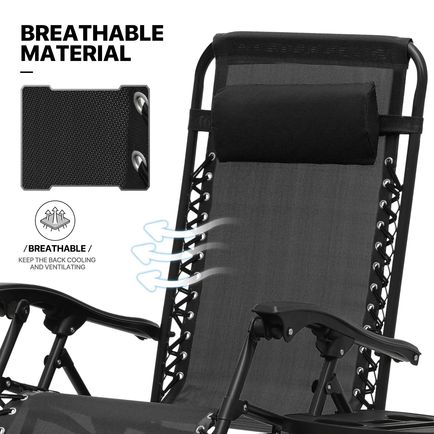 MoNiBloom Patio Zero Gravity Chair Set of 2, Folding Adjustable Reclining Beach Lawn Lounger with Pillow and Cup Holder, Black