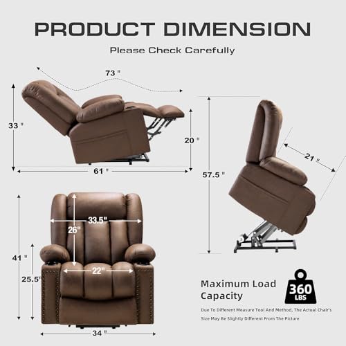 Large Power Lift Chairs Recliners for Elderly with Heated and Massage, Overstuffed Adjustable Lift Chairs, 3 Positions, Breathable Leather, USB-A and USB-C, Cup Holder, Side Pocket Dark Brown