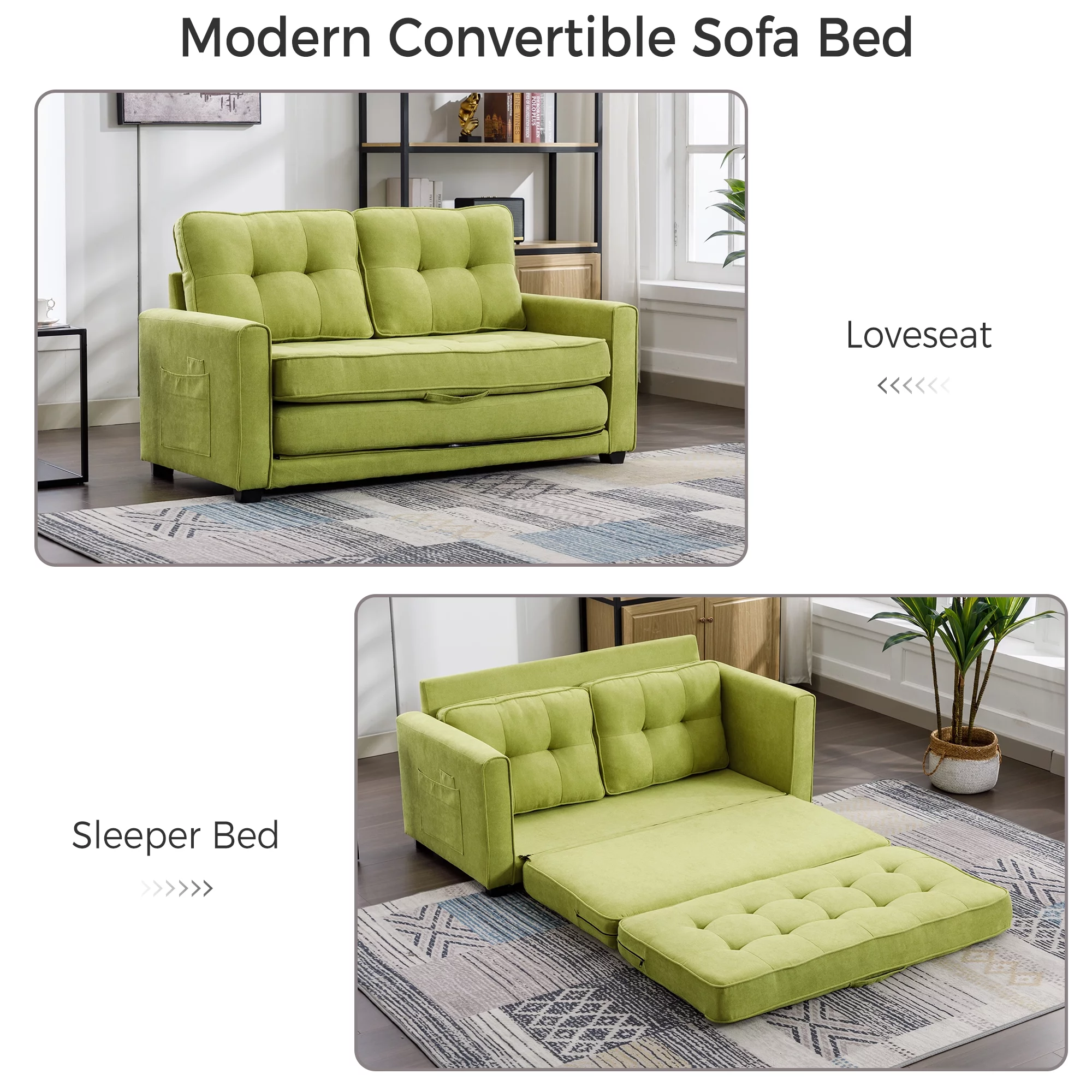 Churanty Convertible Sofa Bed Pull Out Sleeper Loveseat Sofa Chenille Upholstered Couch with Side Pockets for Small Space,Green - Curated Treasures Market