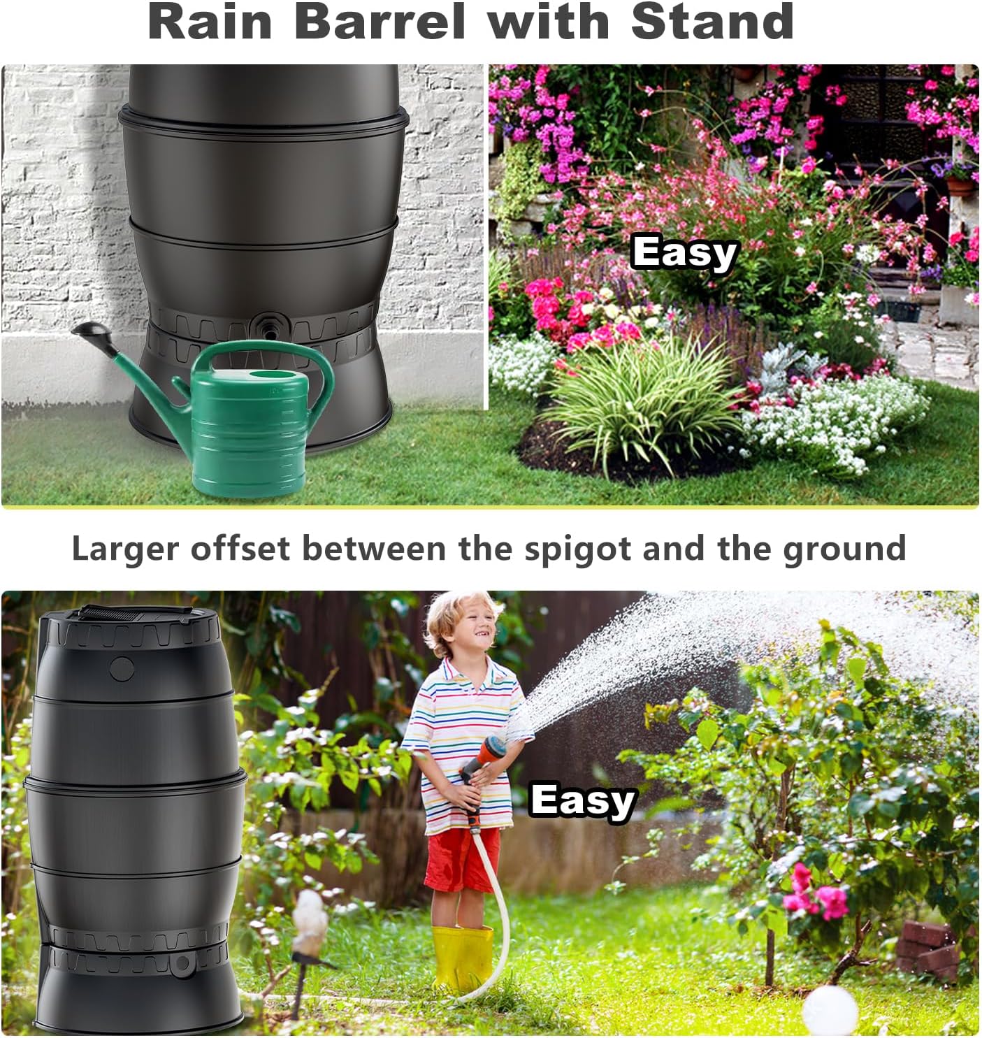 EJWOX Rain Barrels with Stand to Collect Rainwater from Gutter - Heavy Duty Outdoor Rain Water Collection Barrel with Spigot and Filter(45Gallon, Black)