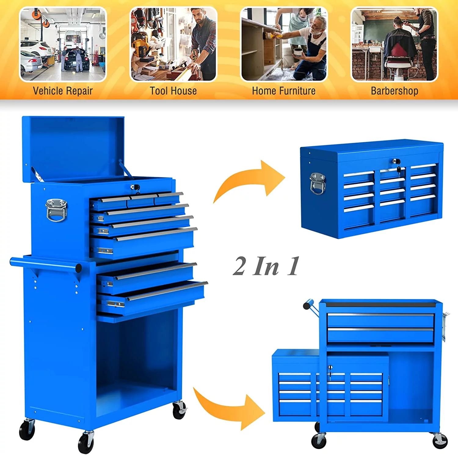 Rolling Tool Chest with Wheels and 8 Drawers, Detachable Large Toolbox Storage Cabinet with Lock,Locking Mechanic Tool Cart for Warehouse, Workshop,Garage,Blue