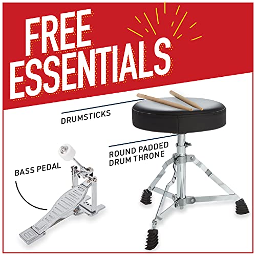 Mendini By Cecilio Kids Drum Set, 3 Piece Junior Drum Set for Beginners with Bass Tom Snare Drum, 16 inch Drum Kit with Snare, Cymbal, Drumsticks, Adjustable Seat (Metallic Red)