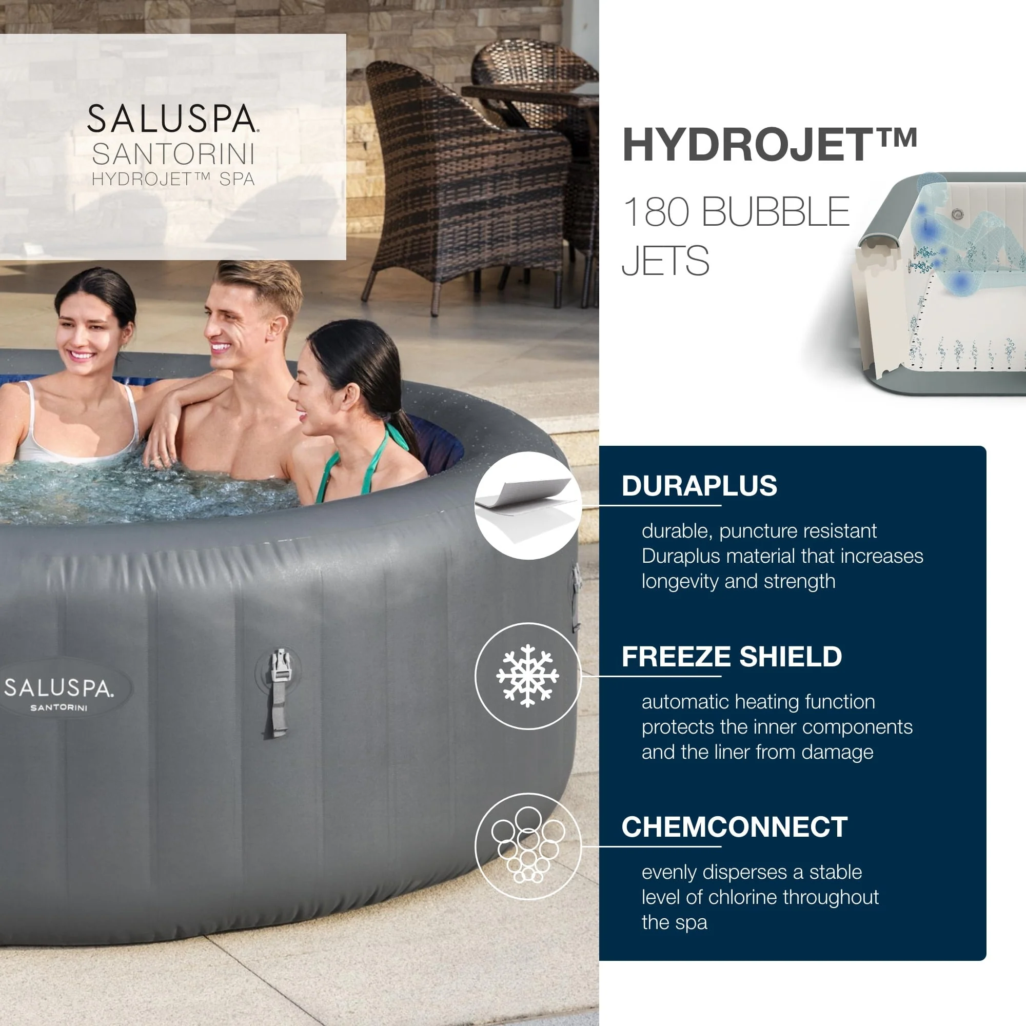 SaluSpa Santorini Inflatable Hot Tub with ColorJet LED Light 5-7 person, Maximum Temperature of 104˚F
