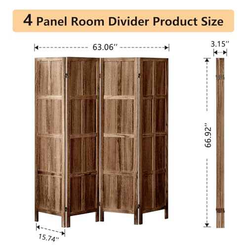 Wood Room Divider 4 Panel, 5.6 FT Tall Room Divider and Folding Privacy Screen, Partition Divider for Room Separation, Wooden Wall Divider Screen for Home Office Bedroom (Retro White)