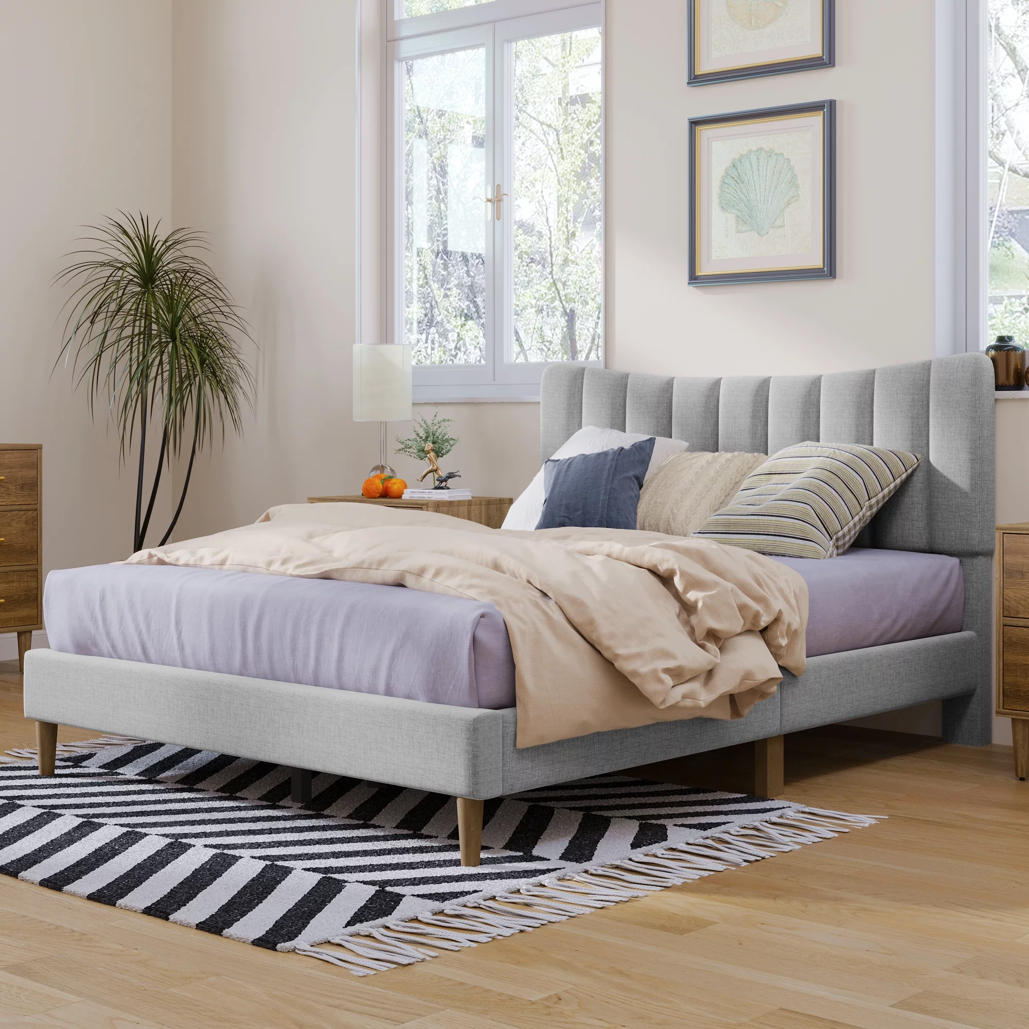 Queen Size Platform Bed Frame with Linen Vertical Channel Tufted Headboard and Wooden Slats Support, Fully Upholstered Mattress Foundation, No Box Spring Needed, Easy Assembly, Gray