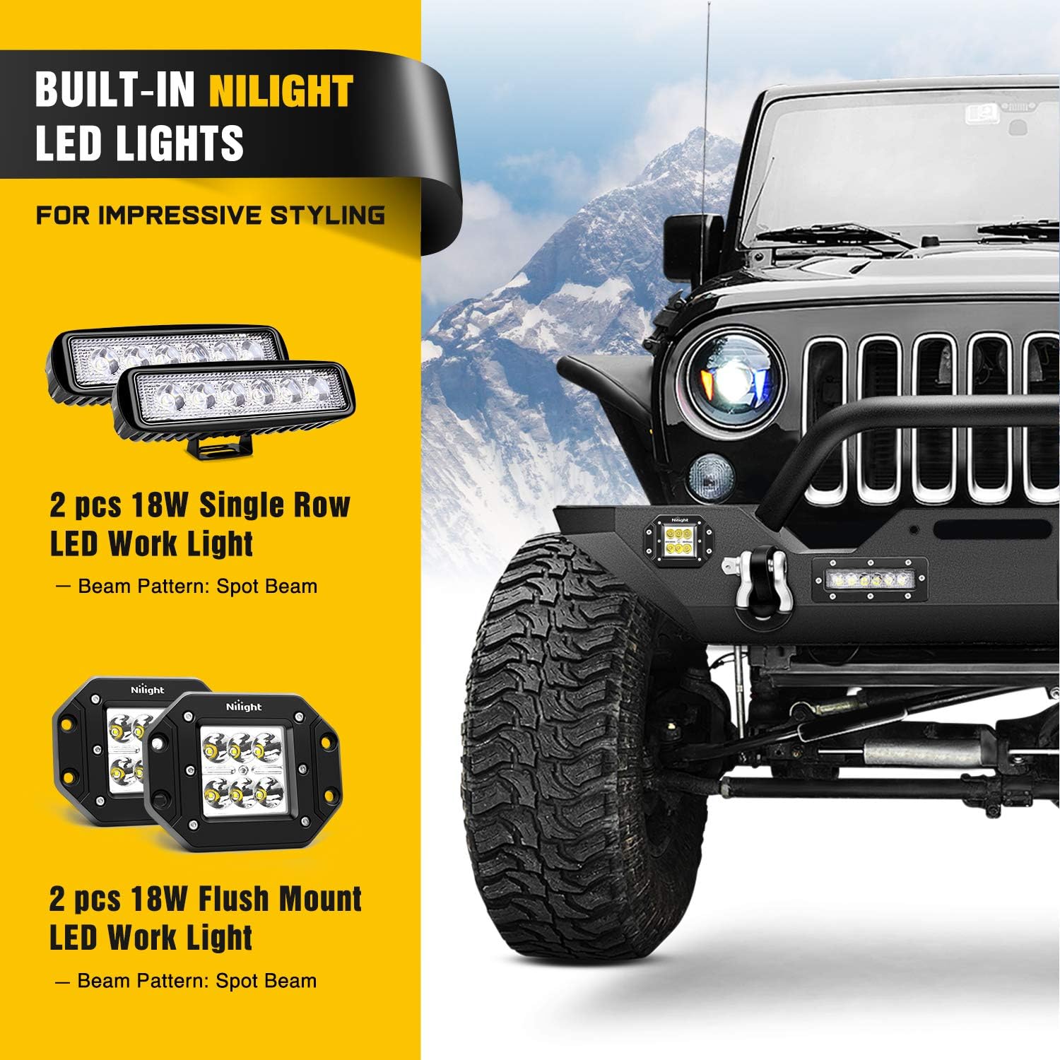 Nilight Front Bumper Compatible for 2007 2008 2009 2010 2011 2012 2013 2014 2015 2016 2017 Jeep Wrangler JK/JKU 2018 2019 2020 2021 2022 JL/JLU 2020-2022 Gladiator JT Rock Crawler Winch Plate
