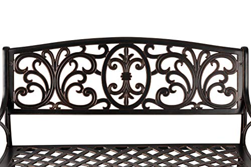 63284 Decatur Cast Aluminum Patio Bench Heavy Duty Rust Free Metal Construction Front Porch Backyard Lawn Garden Pool Deck Outdoors Fleur-De-Lis Design - Antique Bronze Finish