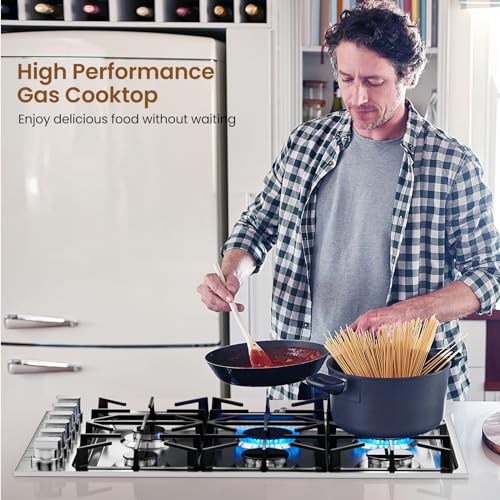 COSTWAY Gas Cooktop, Stainless Steel Gas Stove Top with Burners, ABS Knobs and Cast Iron Grates, NG/LP Convertible Gas Range Top with Sealed Burners for Kitchen, Easy to Clean, Silver