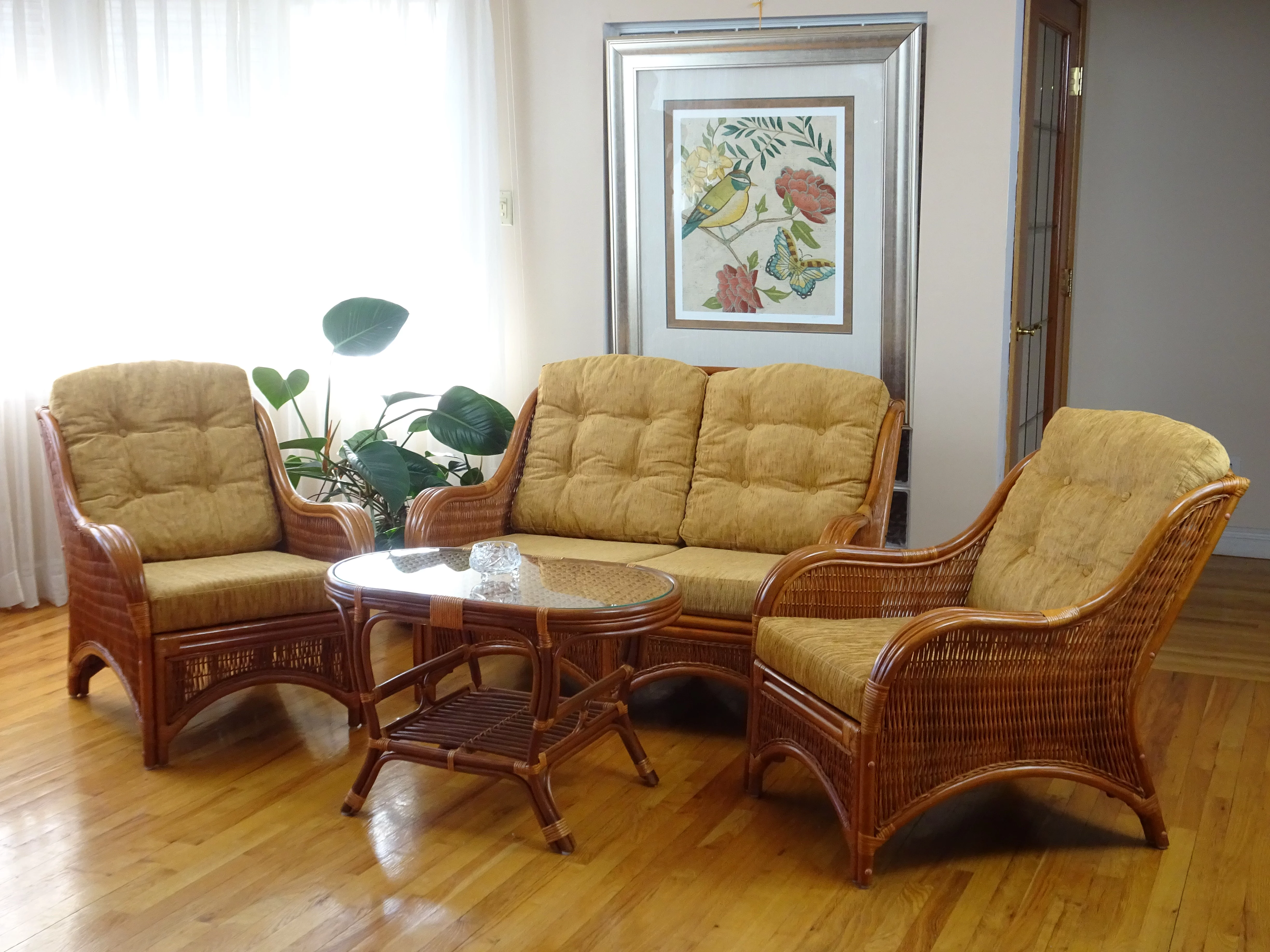 Jam Living Set of 2 Natural Rattan Wicker Lounge Chairs, Loveseat with Cream Cushions and Coffee Table w/Glass Handmade, Colonial