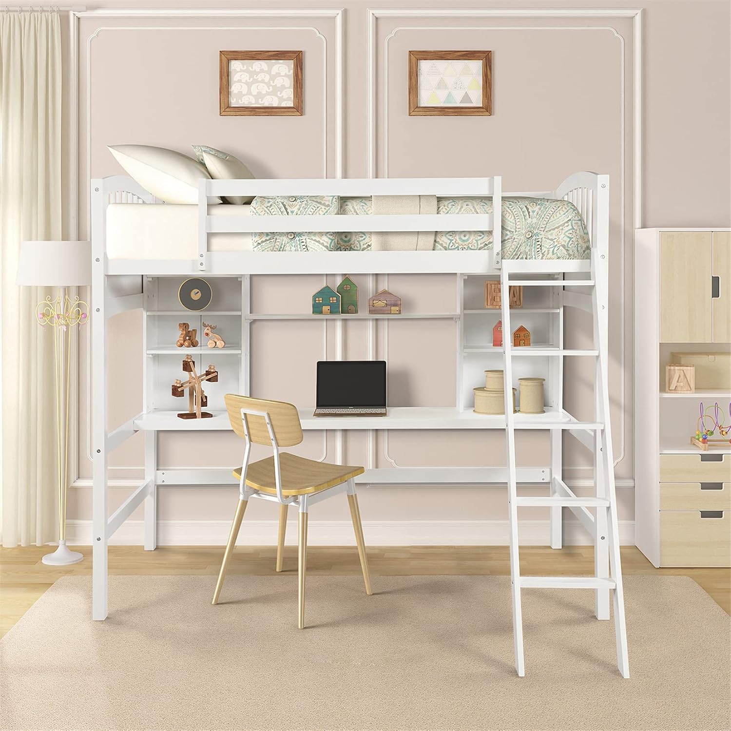 Kids Loft Beds, Twin Loft Bed with Desk, Wood High Loft Bed with Bookcase Shelves for Dorm, Boys & Girls Teens Adults, White