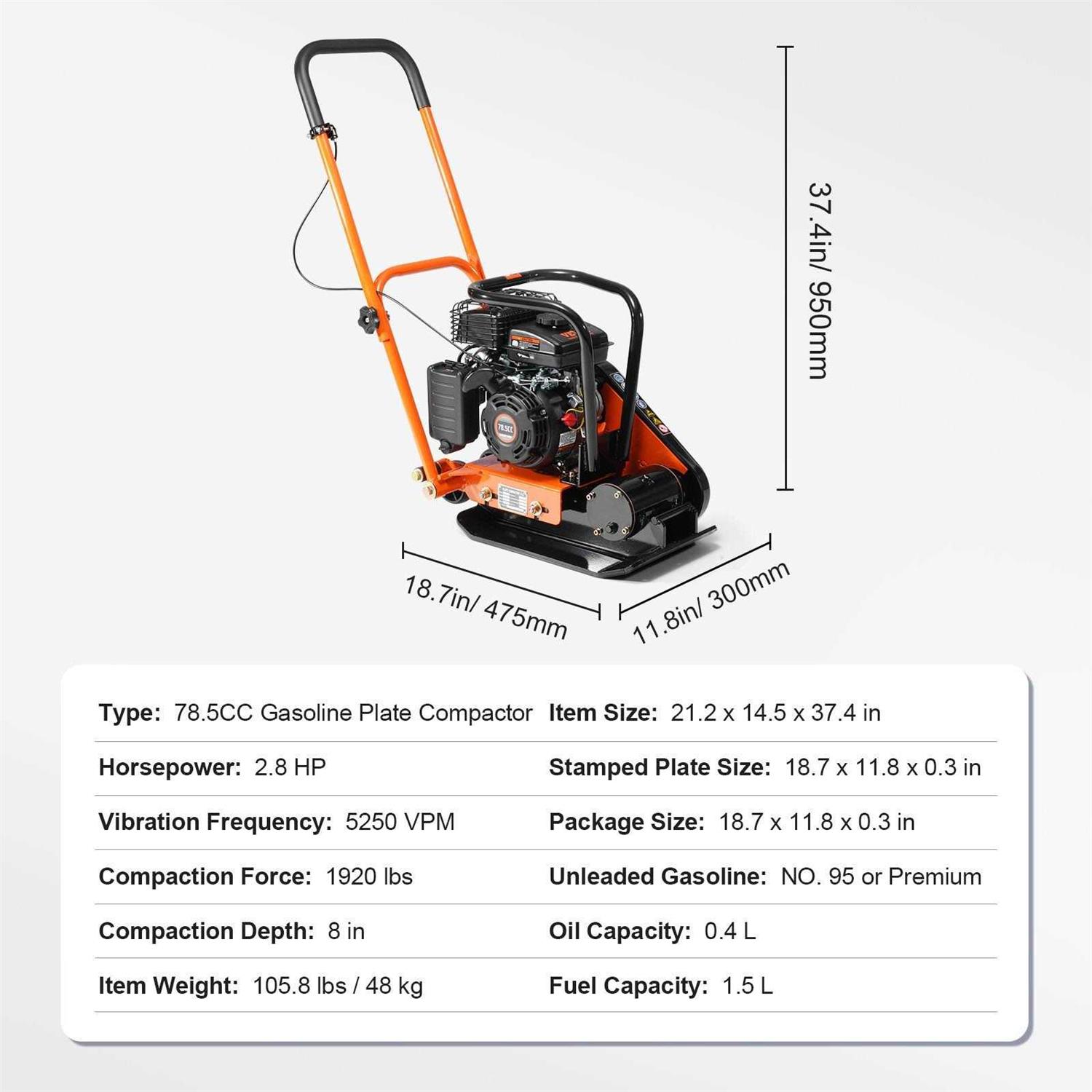 VEVOR Plate Compactor 2.8 HP 78.5cc Gas Engine 5,250 Vpm 1,920 lbs Force Vibratory Compaction Tamper with 18.7 x 11.8 inch Plate for Walkways - Shop Hardware Tools Online Store