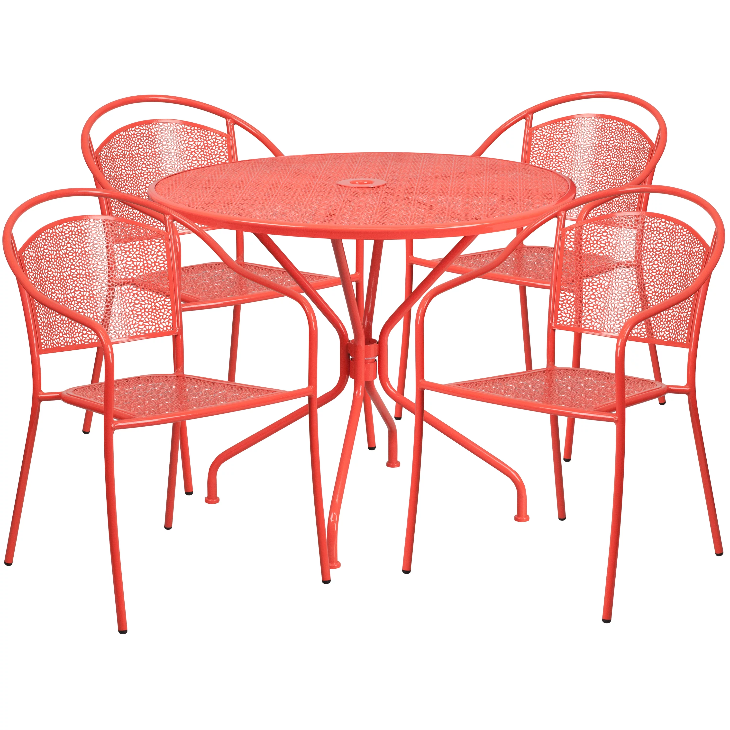 Emma + Oliver Commercial Grade 35.25" Round Coral Patio Table Set-4 Round Back Chairs