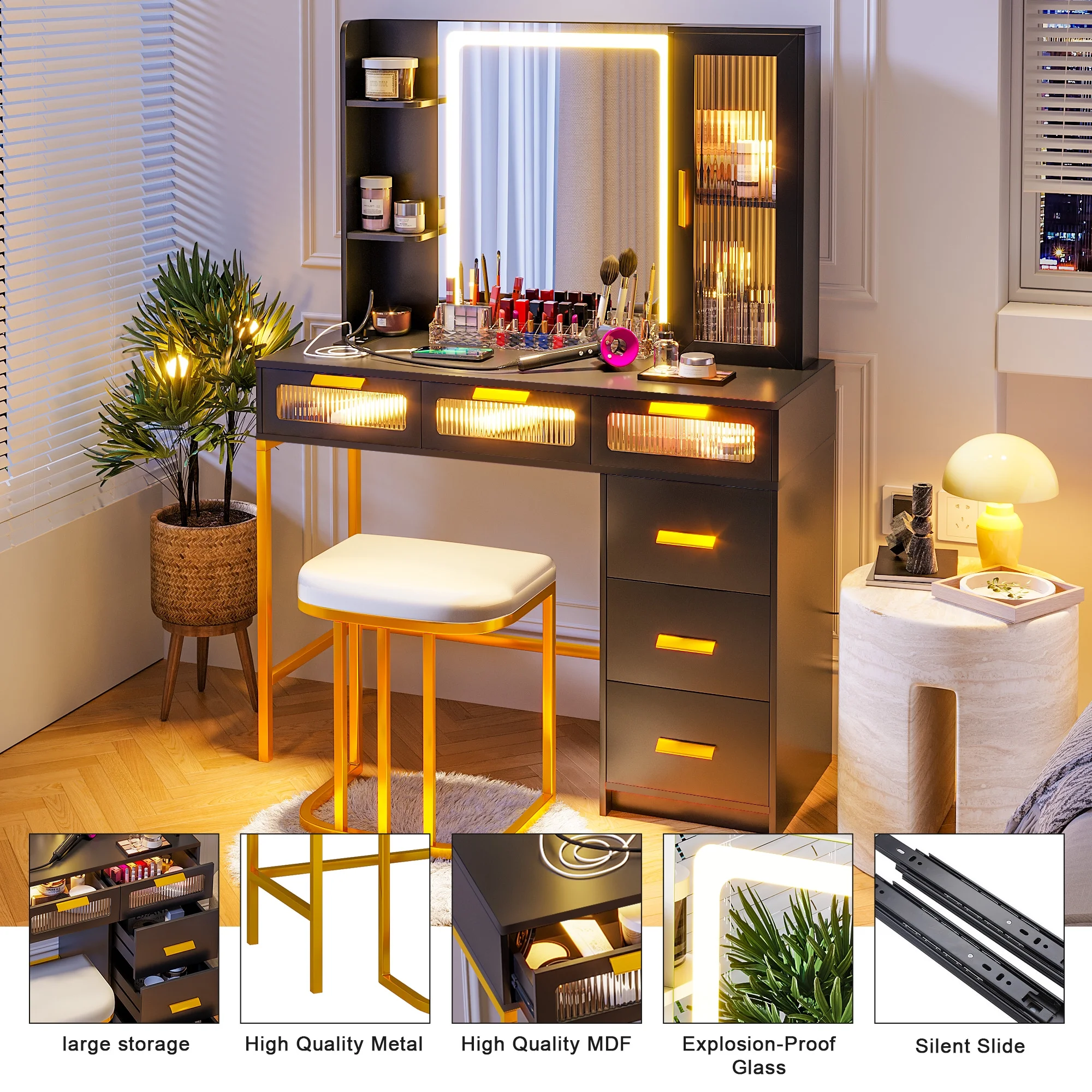 HNEBC Makeup Vanity with Lights, Vanity Table Set with LED Mirror, Vanitys with 6 Drawers/Stool, Vanity Makeup Desk with Charging Station, With Senser Mode Dressing Table as Gifts for Women