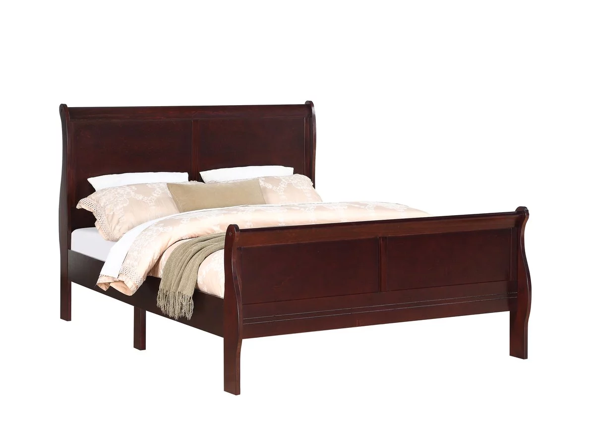 6pc Transitional King Panel Bed Set Dresser Mirror Nightstand Chest Cherry Finish Wooden Louise Bedroom Furniture