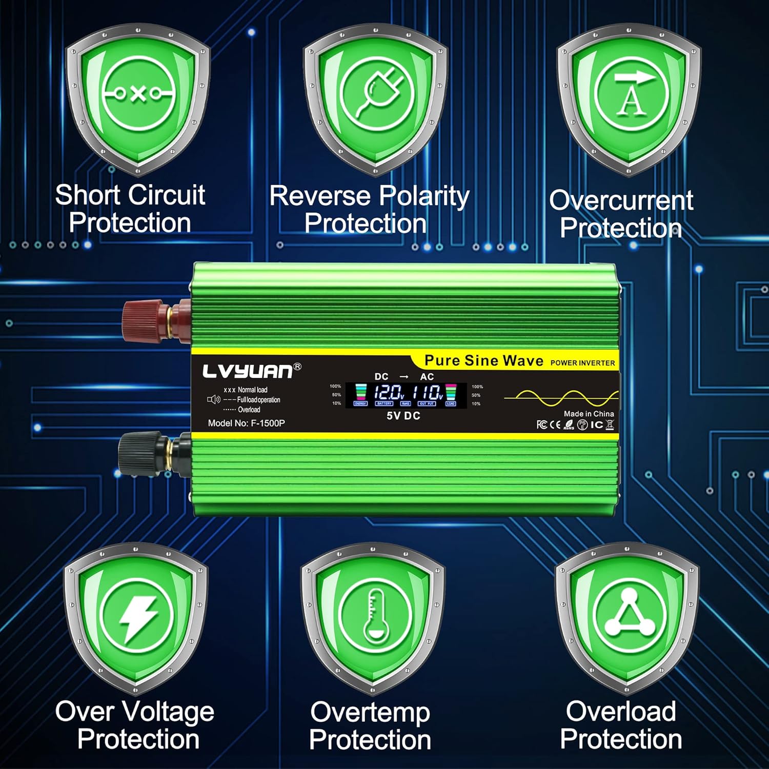 LVYUAN Pure Sine Wave Inverter 1600 Watts Inverter 12V to 110V DC to AC with Remote Controller, LCD Display 4 AC Sockets and 4 USB Ports for Car Truck Solar Power (PSW1600W-GREEN)