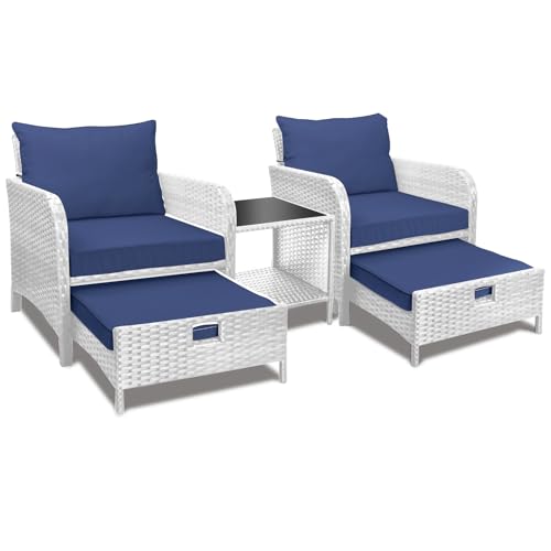 LEVELEVE Balcony Furniture 5 Piece Patio Conversation Set, PE Wicker Rattan Outdoor Lounge Chairs with Soft Cushions 2 Ottoman&Glass Table for Porch, Lawn-Brown Wicker