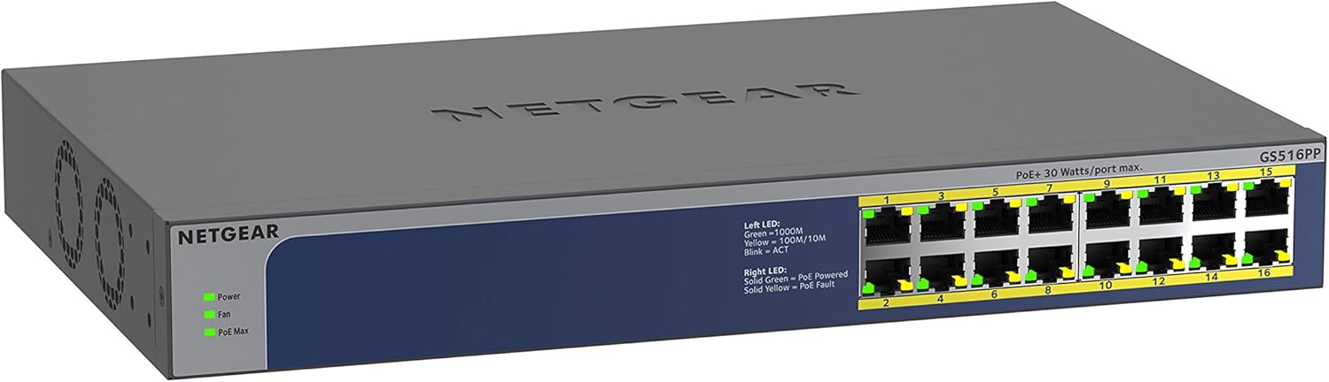 NETGEAR 16-Port Gigabit Ethernet Unmanaged PoE Switch (GS116PP) - with 16 x PoE+ @ 183W, Desktop, Wall Mount or Rackmount, and Limited Lifetime Protection