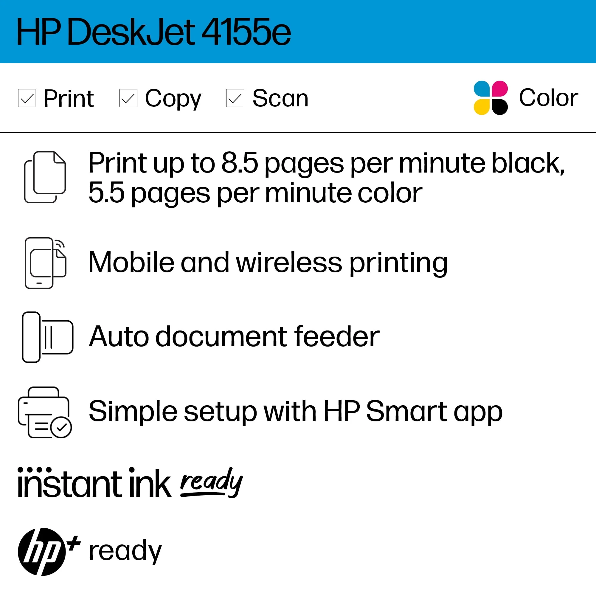 HP DeskJet 4155e All-in-One Inkjet Printer, Color Mobile Print, Copy, Scan, Send