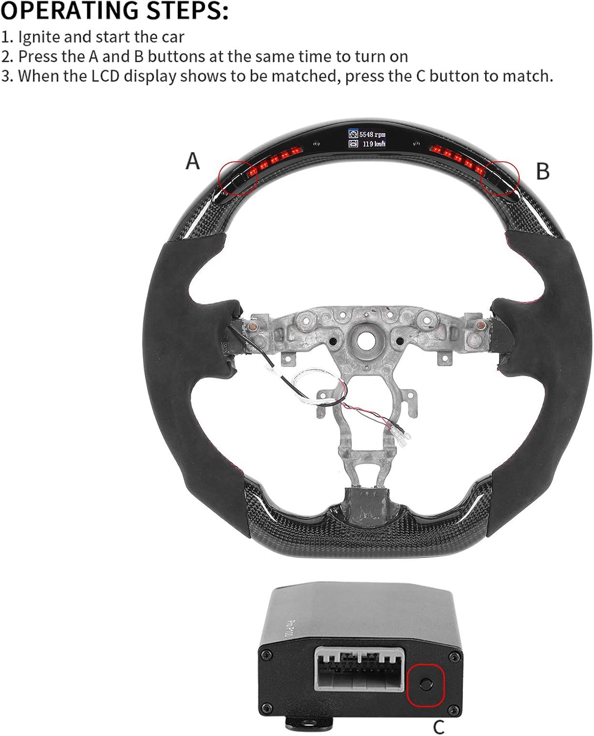 Qiilu LED Steering Wheel, Carbon Fiber Racing Steering Wheel Flat Bottom D-Type Car Steering Wheel LED Shift Lights Display Black Suede w/Red Stitching Fit for Nissan 370z 2009-2020